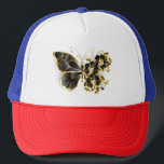 Gold Flower Butterfly with Black Orchid Trucker Hat<br><div class="desc">Gold flower butterfly with black jewellery orchid,  decorated with gold leaves on white background.</div>