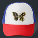 Gold Flower Butterfly with Black Orchid Trucker Hat<br><div class="desc">Gold flower butterfly with black jewellery orchid,  decorated with gold leaves on white background.</div>