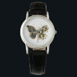 Gold Flower Butterfly with Black Orchid Watch<br><div class="desc">Gold flower butterfly with black jewellery orchid,  decorated with gold leaves on white background.</div>