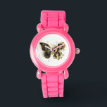 Gold Flower Butterfly with Black Orchid Watch<br><div class="desc">Gold flower butterfly with black jewellery orchid,  decorated with gold leaves on white background.</div>