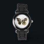 Gold Flower Butterfly with Black Orchid Watch<br><div class="desc">Gold flower butterfly with black jewellery orchid,  decorated with gold leaves on white background.</div>