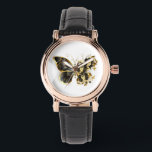 Gold Flower Butterfly with Black Orchid Watch<br><div class="desc">Gold flower butterfly with black jewellery orchid,  decorated with gold leaves on white background.</div>