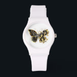 Gold Flower Butterfly with Black Orchid Watch<br><div class="desc">Gold flower butterfly with black jewellery orchid,  decorated with gold leaves on white background.</div>
