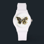 Gold Flower Butterfly with Black Orchid Watch<br><div class="desc">Gold flower butterfly with black jewellery orchid,  decorated with gold leaves on white background.</div>