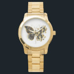 Gold Flower Butterfly with Black Orchid Watch<br><div class="desc">Gold flower butterfly with black jewellery orchid,  decorated with gold leaves on white background.</div>
