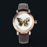 Gold Flower Butterfly with Black Orchid Watch<br><div class="desc">Gold flower butterfly with black jewellery orchid,  decorated with gold leaves on white background.</div>