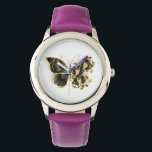 Gold Flower Butterfly with Black Orchid Watch<br><div class="desc">Gold flower butterfly with black jewellery orchid,  decorated with gold leaves on white background.</div>