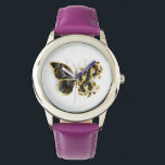 Gold Flower Butterfly with Black Orchid Watch<br><div class="desc">Gold flower butterfly with black jewellery orchid,  decorated with gold leaves on white background.</div>