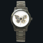 Gold Flower Butterfly with Black Orchid Watch<br><div class="desc">Gold flower butterfly with black jewellery orchid,  decorated with gold leaves on white background.</div>