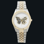 Gold Flower Butterfly with Black Orchid Watch<br><div class="desc">Gold flower butterfly with black jewellery orchid,  decorated with gold leaves on white background.</div>