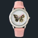 Gold Flower Butterfly with Black Orchid Watch<br><div class="desc">Gold flower butterfly with black jewellery orchid,  decorated with gold leaves on white background.</div>