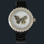 Gold Flower Butterfly with Black Orchid Watch<br><div class="desc">Gold flower butterfly with black jewellery orchid,  decorated with gold leaves on white background.</div>