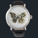 Gold Flower Butterfly with Black Orchid Watch<br><div class="desc">Gold flower butterfly with black jewellery orchid,  decorated with gold leaves on white background.</div>