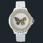 Gold Flower Butterfly with Black Orchid Watch<br><div class="desc">Gold flower butterfly with black jewellery orchid,  decorated with gold leaves on white background.</div>