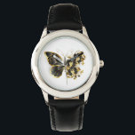 Gold Flower Butterfly with Black Orchid Watch<br><div class="desc">Gold flower butterfly with black jewellery orchid,  decorated with gold leaves on white background.</div>