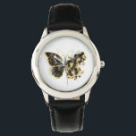 Gold Flower Butterfly with Black Orchid Watch<br><div class="desc">Gold flower butterfly with black jewellery orchid,  decorated with gold leaves on white background.</div>