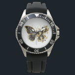 Gold Flower Butterfly with Black Orchid Watch<br><div class="desc">Gold flower butterfly with black jewellery orchid,  decorated with gold leaves on white background.</div>