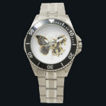 Gold Flower Butterfly with Black Orchid Watch<br><div class="desc">Gold flower butterfly with black jewellery orchid,  decorated with gold leaves on white background.</div>