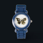 Gold Flower Butterfly with Black Orchid Watch<br><div class="desc">Gold flower butterfly with black jewellery orchid,  decorated with gold leaves on white background.</div>