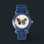 Gold Flower Butterfly with Black Orchid Watch<br><div class="desc">Gold flower butterfly with black jewellery orchid,  decorated with gold leaves on white background.</div>