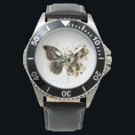 Gold Flower Butterfly with Black Orchid Watch<br><div class="desc">Gold flower butterfly with black jewellery orchid,  decorated with gold leaves on white background.</div>