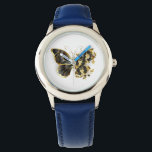 Gold Flower Butterfly with Black Orchid Watch<br><div class="desc">Gold flower butterfly with black jewellery orchid,  decorated with gold leaves on white background.</div>