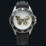 Gold Flower Butterfly with Black Orchid Watch<br><div class="desc">Gold flower butterfly with black jewellery orchid,  decorated with gold leaves on white background.</div>