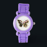 Gold Flower Butterfly with Black Orchid Watch<br><div class="desc">Gold flower butterfly with black jewellery orchid,  decorated with gold leaves on white background.</div>