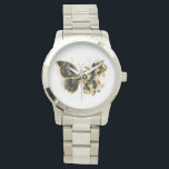 Gold Flower Butterfly with Black Orchid Watch<br><div class="desc">Gold flower butterfly with black jewellery orchid,  decorated with gold leaves on white background.</div>