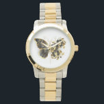 Gold Flower Butterfly with Black Orchid Watch<br><div class="desc">Gold flower butterfly with black jewellery orchid,  decorated with gold leaves on white background.</div>