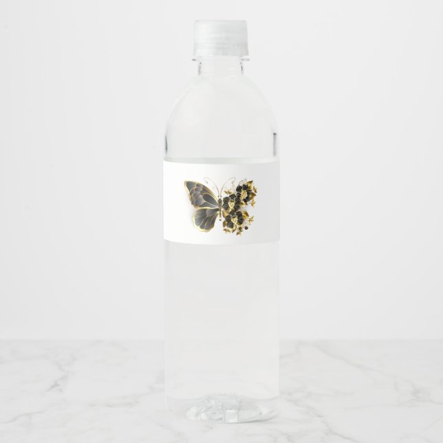 Gold Flower Butterfly with Black Orchid Water Bottle Label (Front)