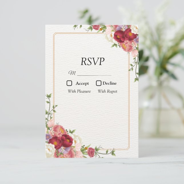Gold Flower Frame with pretty flowers RSVP Card (Standing Front)