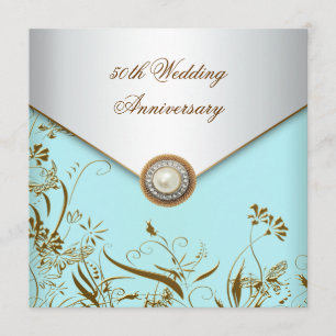Gold Flower Pearl Teal 50th Wedding Anniversary Invitation