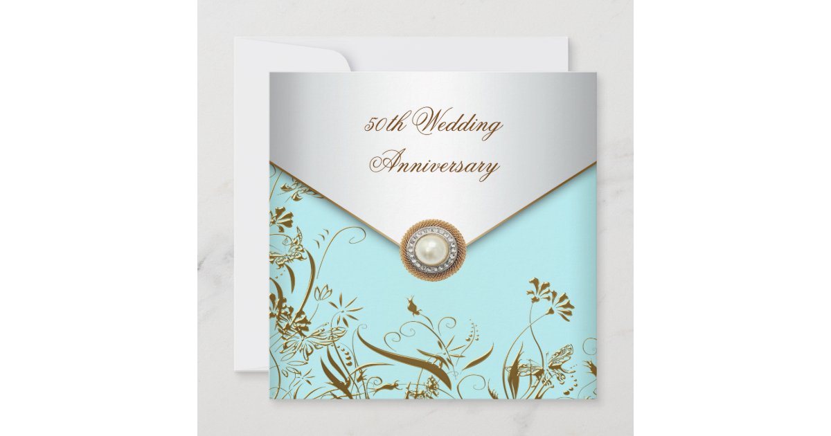 Gold Flower Pearl Teal 50th Wedding Anniversary Invitation | Zazzle