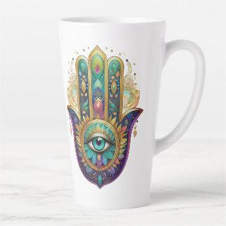Gold Flower Petals Hamsa Turquoise Third Eye Latte Mug