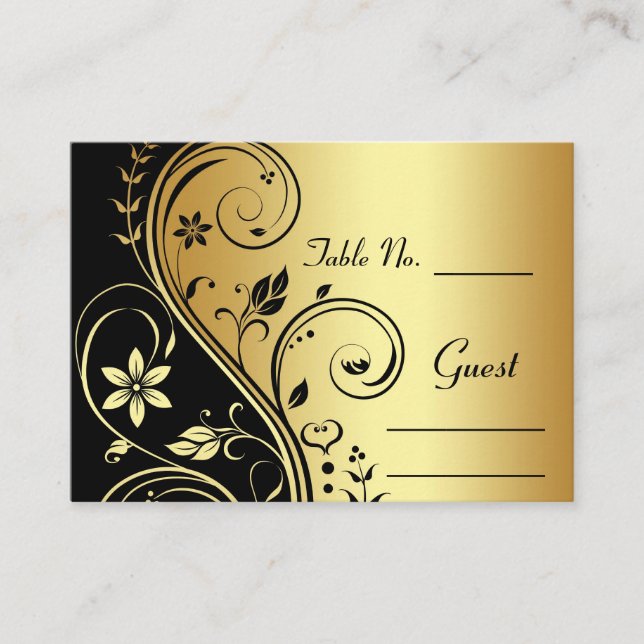 Gold Flower Scrollwork Wedding Table Place Card (Front)