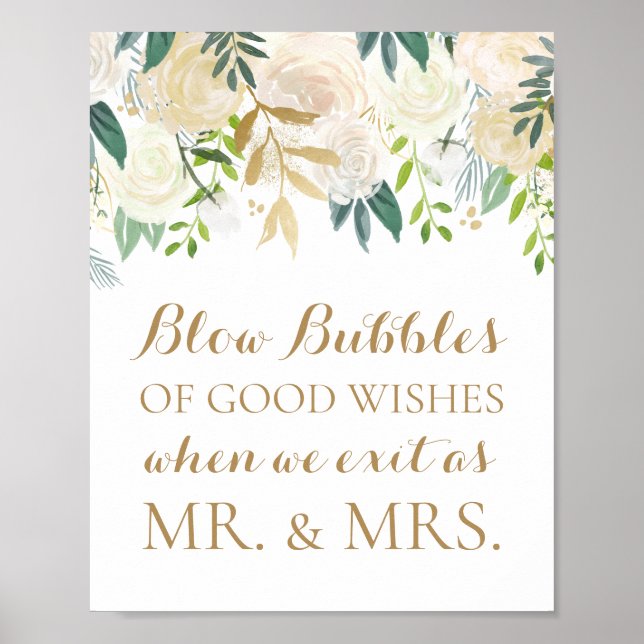 Gold Flower Wedding Bubbles of Good Wishes Sign (Front)