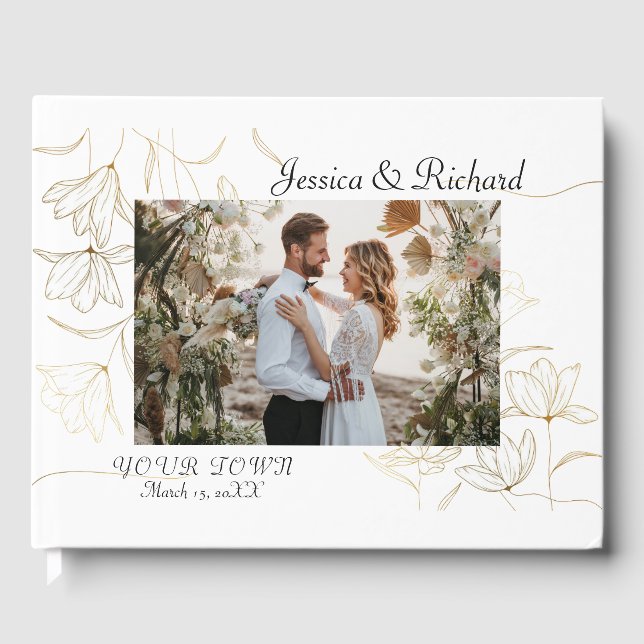Gold Flower Wedding PHOTO Guest Book (Front)