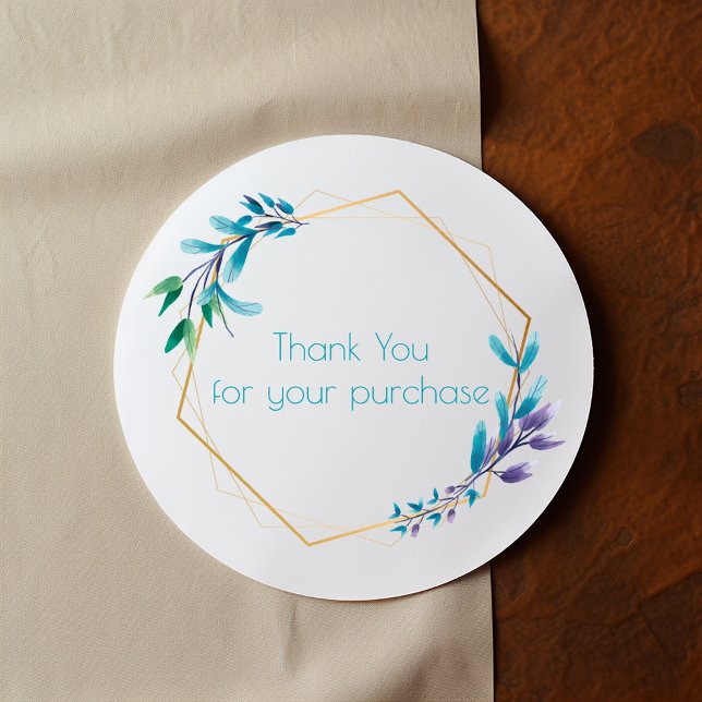 Gold flower wreath "Thank you for your purchase" Classic Round Sticker (Round white thank you sticker with gold frame and watercolor botanical accents)