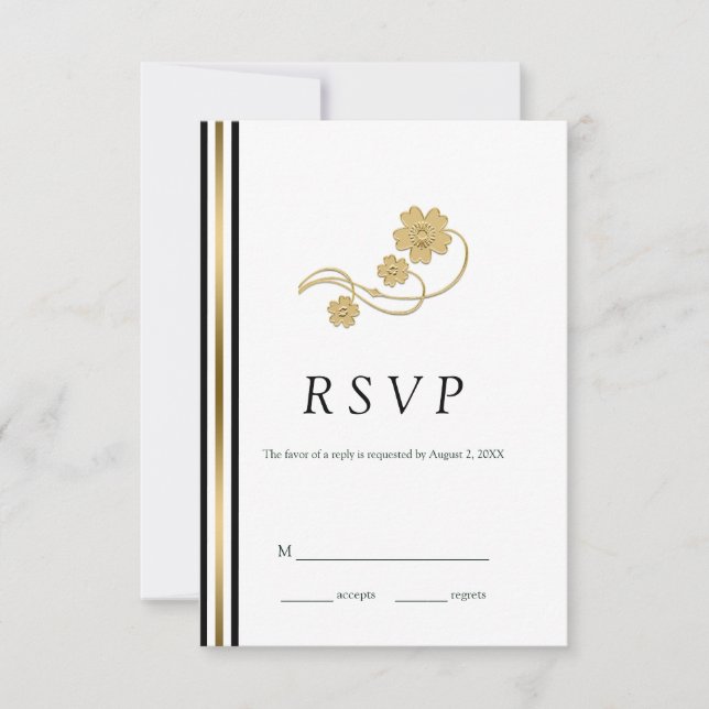 Gold Flowers And Lines RSVP Card (Front)