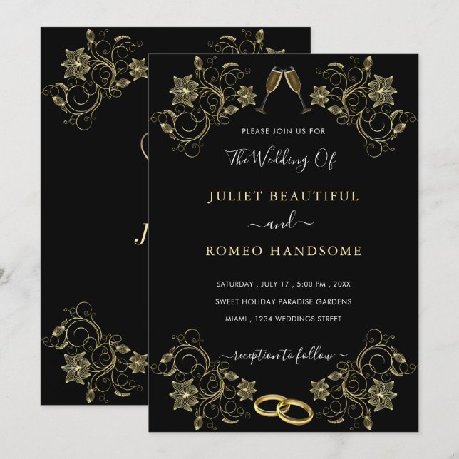 Gold Flowers Black Modern Wedding Invitation (Front/Back)