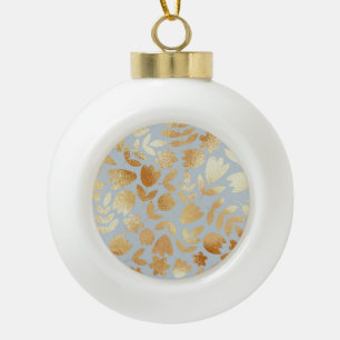 Gold flowers, blue background, foil imitation. ceramic ball christmas ornament