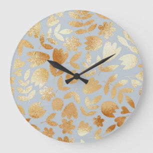 Gold flowers, blue background, foil imitation. large clock
