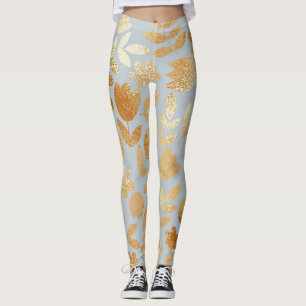 Gold flowers, blue background, foil imitation. leggings
