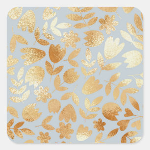 Gold flowers, blue background, foil imitation. square sticker