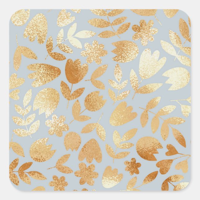 Gold flowers, blue background, foil imitation. square sticker (Front)