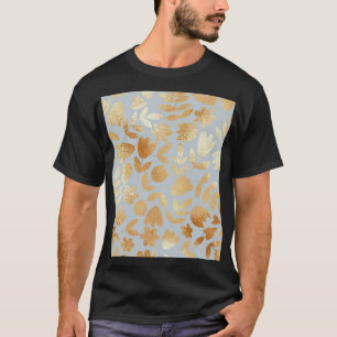 Gold flowers, blue background, foil imitation. T-Shirt
