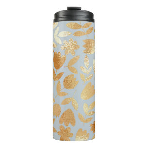 Gold flowers, blue background, foil imitation. thermal tumbler