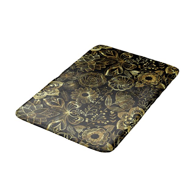 Gold flowers & butterflies pattern bath mat (Angled)