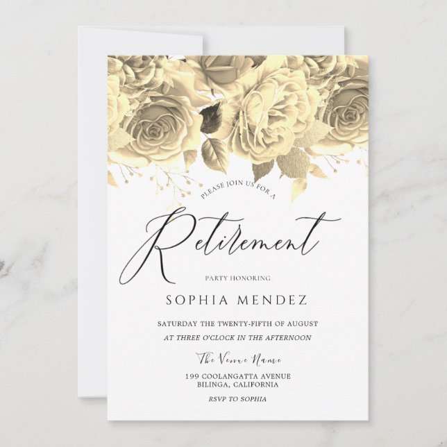 Gold Flowers Elegant Script Retirement Party Invitation (Front)